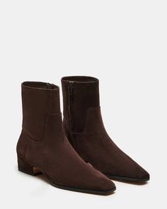 DUSTY Chocolate Brown Suede Ankle Bootie | Women's Booties – Steve Madden Dark Brown Suede Boots Women, Brown Booties Outfit, Suede Brown Boots, Women's Booties, Brown Booties, 5 Inch Heels, Ankle Bootie, Brown Suede, Suede Boots