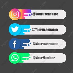 four different colored social media buttons