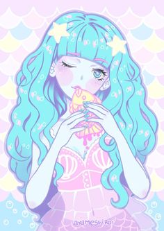 an anime character with blue hair holding a donut