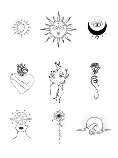 several different types of tattoos with sun and moon designs on the upper half of them