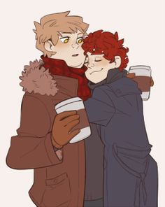 two people hugging each other while one holds a coffee cup in his hand and the other is