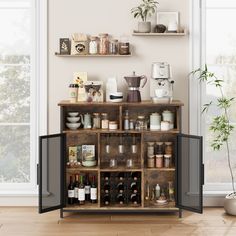 an open cabinet filled with lots of bottles next to a potted plant on top of a hard wood floor