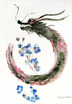 a painting of a dragon with flowers in it's mouth and watercolors on paper