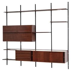 a wooden shelf with metal shelves and shelving unit in the shape of bookshelves