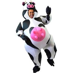 a man in a costume that looks like a cow with a pink nose and tail