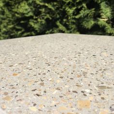 a close up view of a concrete surface with trees in the background