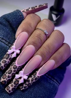 Cheetah Pink Nails, Leopard Acrylics, Long Basic Nails, Cheetah Print Nails Pink, Bratz Inspired Nails, Leopard Print Nails Pink, Pink Cheetah Print Nails, Pink Leopard Print Nails, Long Nails Pink