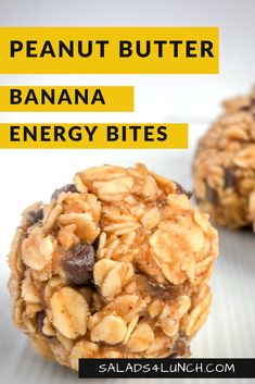 two peanut butter banana energy bites on a white surface with text overlay that reads, how to make no bake peanut butter bananas energy bites