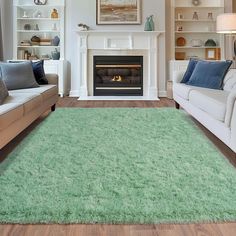 a living room with two couches and a rug in front of a fire place