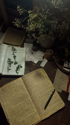 an open book sitting on top of a wooden table next to a pen and plant