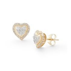 We have heart-eyes for these diamond heart stud earrings! Made in responsibly sourced 10K solid yellow gold for everyday wear. Set with conflict-free 1/3 ct. t.w. diamonds. Height: 4.59 mm width: 6.82 mm Heart Dimond Earrings, Heart Diamond Earrings, Heart Shaped Frame, Heart Stud Earrings, Heart Frame, Gold Price, Heart Studs, Heart Earrings Studs, Diamond Heart