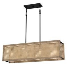 a large rectangular light fixture with an iron frame and mesh design on the bottom, hanging from