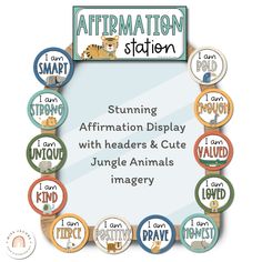 Create your very own Positive Affirmation Station for your classroom using these vibrant, editable Cute Jungle Animal-themed affirmation cards. What is an affirmation? An affirmation is a short phrase that is recited to empower your students. How can I implement an Affirmation Station? Teachers have used these editable cute jungle animal labels to create gorgeous displays of positivity in their classrooms and home learning areas with many placing the affirming phrases/adjectives around a mirror. Students look at themselves in the affirmations mirror each morning and choose a phrase or word that represents what they would like to work on that day. This would also make a gorgeous safari-themed door display! How can I use this resource? Choose from the pre-made affirmations included in the pa Organize Posters, Lesson Plan Organization, Cute Jungle Animals, Affirmation Station, Student Name Tags, Teacher Toolbox Labels, English Posters, Animals Safari, Birthday Display