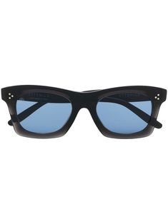 black blue tinted lenses square frame engraved detail straight arms logo print at the arm angled tip These glasses come with a protective case. Retrosuperfuture Sunglasses, Blue Lenses, Sunglass Frames, Square Frames, Deep Blue, Logo Print, Martini, Square Sunglasses, Protective Cases