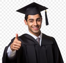 a man wearing a graduation cap and gown giving the thumbs up while standing in front of a white background