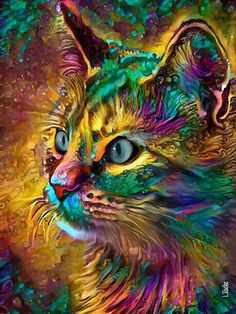 a painting of a cat with blue eyes and multicolored fur on it's head