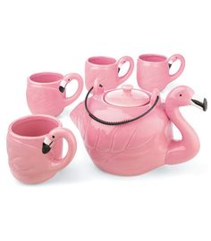 pink flamingo tea set with cups and saucers