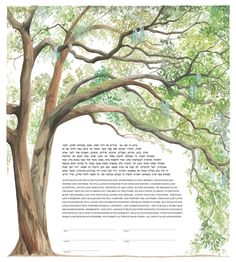 an illustration of a tree with lots of leaves on it and the words written in blue ink