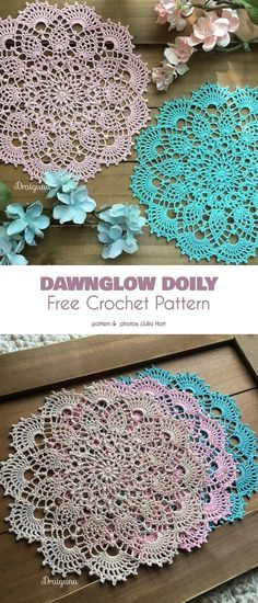 crochet doily pattern with flowers on it and the words, dawnglow doily free crochet pattern