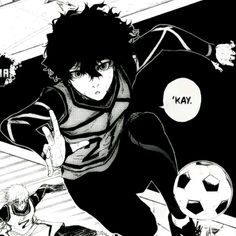 an anime character is kicking a soccer ball