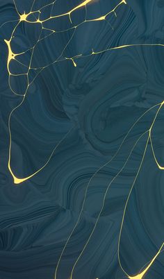 an abstract painting with yellow lines on a blue and black background that looks like marble