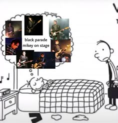 a man sitting on a bed next to a wall with pictures of him playing guitar