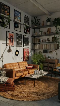 a living room filled with furniture and lots of pictures on the wall above it's coffee table