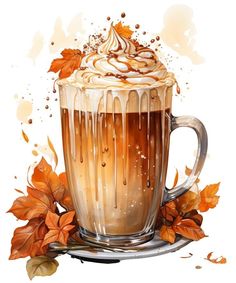 a painting of a cup of coffee with whipped cream on top and leaves around it