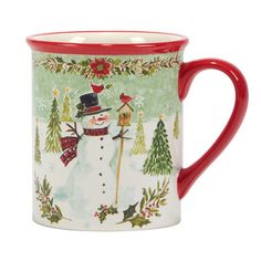 a red and white mug with a snowman on it