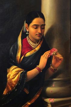 a painting of a woman holding something in her hand