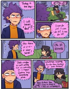 a comic strip with an image of two people talking to each other and one has purple hair