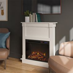 a living room with a chair, fireplace and bookshelf in front of it