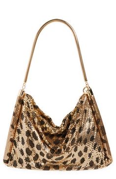 Iconic gold mesh gets an untamed update with cheetah spots in this light-catching shoulder bag. Shoulder strap Metal Imported Designer Handbags Cheetah Bag, Cheetah Spots, Leopard Print Bag, Leopard Bag, Fall Wardrobe Essentials, Printed Purse, Pink Fits, Tiered Midi Dress, Baby Boy Shoes