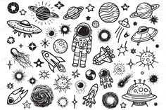 an astronaut and other space related items in black ink on white paper, including stars, planets