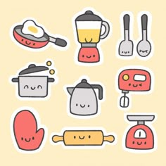 kitchen utensils stickers are arranged in a circle on a yellow background, including an oven, toaster, measuring spoons and more