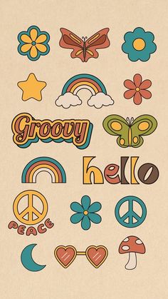 the word grooy is written in different languages and colors with flowers, butterflies, hearts