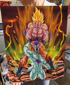 a person holding up a drawing of gohan