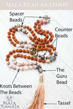 How well do you know your mala beads? Did you know that the thread, beads, tassel, knots, counters - they all have a meaning and deep significance? In this post we are going to take a look at the different components of your mala beads to learn what each element means and the spiritual significance beyond its physicality.  So join me in a lesson of mala bead anatomy   Mala Kamala Mala Beads - Boho Malas, Mala Beads, Mala Necklaces and Bracelets, Childrens Malas, Jewelry and Baby Necklaces Thread Beads, Diy Schmuck, Mala Beads, Spacer Beads, Namaste