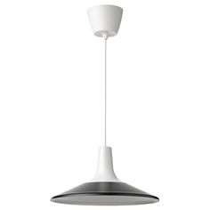 a white light hanging from the ceiling with a black and grey shade on it's side