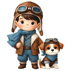 a little boy and his dog are dressed in aviator gear