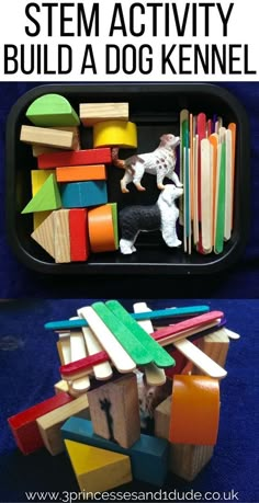 a black tray filled with wooden blocks and a toy dog in the center, on top of