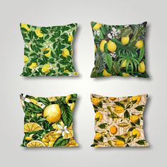 four pillows with lemons and leaves on them, all printed in different colors from green to yellow