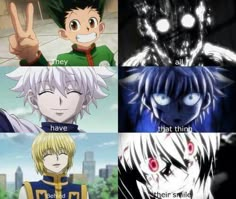 four different anime characters with their names in the middle one is saying they have that thing