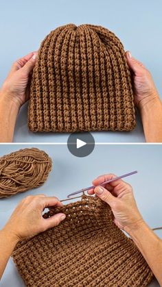 two pictures showing how to crochet the beanie