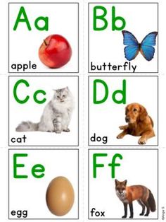 an alphabet flash card with pictures of animals and letters