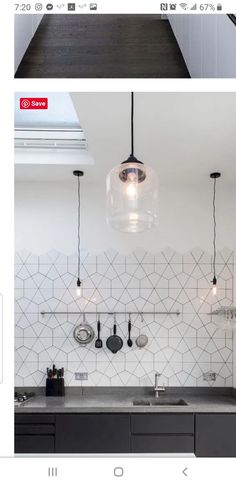 two pictures of the same kitchen with different lighting fixtures and lights hanging from the ceiling