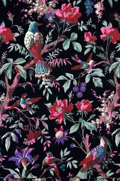 a black background with pink, blue and green flowers and birds on it's branches