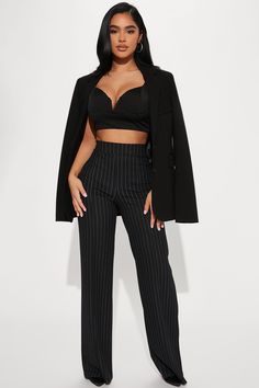 Available In Black/White. Petite: 32" Inseam High Waist Back Zipper Wide Leg Flare Pant Stretch Pleated Disclaimer: Stripe Placement May Vary 95% Polyester 5% Spandex Imported | Petite Victoria High Waisted Dress Pant Pinstripe in Black/White size Small by Fashion Nova Black Trouser And Black Top, Pinstripe Fitted Straight Leg Dress Pants, Womens Black Pinstripe Pants, Elegant High-waist Pinstripe Pants, Luxury High-waisted Pinstripe Pants, Pinstripe High-waisted Pants With Belt Loops, High Waisted Dress Pants, Shirt Dress Outfit, Pinstripe Dress