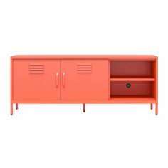 an orange cabinet with two doors and drawers