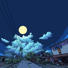 an animated image of a city street at night with the moon in the sky above